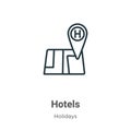 Hotels outline vector icon. Thin line black hotels icon, flat vector simple element illustration from editable holidays concept Royalty Free Stock Photo