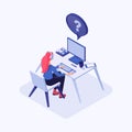 Hotline operator isometric color illustration. Female consultant, employee with headphones at workplace, online global