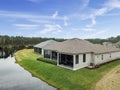 Houes and Screen Porches Line the Bank of a Small Pond in an American Neighborhood from Above Aerial