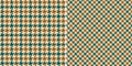 Houndstooth check plaid pattern in brown, beige, green. Seamless geometric pixel tweed vector graphic for dress, jacket, coat.