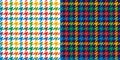 Houndstooth check plaid pattern in colorful navy blue, red, green, yellow, white. Seamless abstract tweed tartan check set.