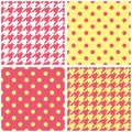 Houndstooth and polka dots seamless pastel yellow, pink and white vector pattern set