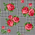 Vector houndstooth seamless black and white pattern with red retro roses Royalty Free Stock Photo