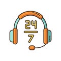 24 7 hour customer support RGB color icon. Headphone sign for around the clock service. Everyday crisis help. 24 hrs
