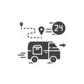 24 hour delivery under the door black glyph icon. Freight transport sign. Express shipping. Sign for web page, app. UI UX GUI