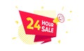 24 hour sale countdown ribbon badge icon sign with big red ribbon, megaphone and abstract elements