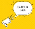 24 hour sale. Megaphone and colorful yellow speech bubble with quote. Blog management, blogging and writing for website