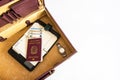 24 hour suitcase with passport, banknotes, chronograph, organizer and copyspace
