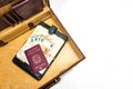 24 hour suitcase with passport, banknotes, organizer and copyspace