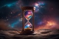 Hourglass on abstract space background