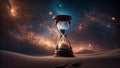 Hourglass against space background in desert. Time concept