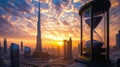 Hourglass on the background of burj khalifa, Dubai Downtown skyline at sunset, United Arab Emirates