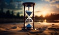 hourglass on beach sand, ai generative Royalty Free Stock Photo