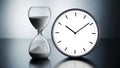 Hourglass and clock displaying time passage with shadows and reflections Royalty Free Stock Photo