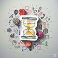 Hourglass collage with icons background