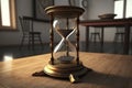 Hourglass counting time on the table. Generative AI.