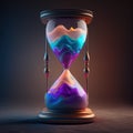 Hourglass on dark brown background. VIntage hour glass is also known as sandglass, sand timer or sand clock. AI generative