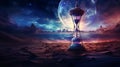 an hourglass in the desert with a planet in the background