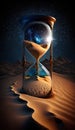 Hourglass in the desert with sand dunes and starry sky
