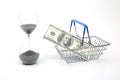 Hourglass, dollars and shopping cart for market groceries on white background
