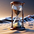 An hourglass with dwindling sand perched on a desert