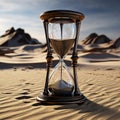 An hourglass with dwindling sand perched on a wooden motif table