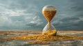 Hourglass filled with golden sand stands on a textured surface under a dramatic sky, symbolizing the passage of time and the value Royalty Free Stock Photo