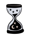 Hourglass in flat design, simple boho tattoo with moon and stars, vector illustration for tarot and divination witch