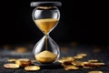 Hourglass with flowing gold sand and scattered coins Royalty Free Stock Photo