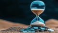 Hourglass with Flowing Sand and Stack of Coins, Representing Time and Money Concept Royalty Free Stock Photo