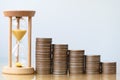 Hourglass gold sand and stack of coins.