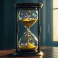 An hourglass with golden sand and fluttering butterflies. Royalty Free Stock Photo