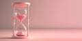 Hourglass with hearts on a pink background. Valentine, romance and love or donor day and blood transfusion. Generative AI