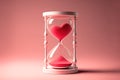 Hourglass with hearts on a pink background. Valentine, romance and love or donor day and blood transfusion. Generative AI