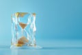 Hourglass in ice cube, frozen time. Stopping the time concept, freeze time, sand clock in ice, copy space. Climate change. Royalty Free Stock Photo