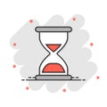 Hourglass icon in comic style. Sandglass cartoon vector illustration on white isolated background. Clock splash effect business