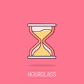 Hourglass icon in comic style. Sandglass cartoon vector illustration on white isolated background. Clock splash effect business