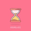 Hourglass icon in comic style. Sandglass cartoon vector illustration on white isolated background. Clock splash effect business