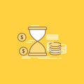 Hourglass, management, money, time, coins Flat Line Filled Icon. Beautiful Logo button over yellow background for UI and UX, Royalty Free Stock Photo