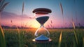 Hourglass measuring time passing in a field at sunset Royalty Free Stock Photo