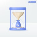 Hourglass and money bag icon symbols. accumulate, growth asset, Business financial Investment concept. 3D vector isolated