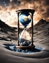 Hourglass with the planet Earth flowing and becoming dust