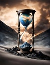 Hourglass with the planet Earth flowing and becoming dust