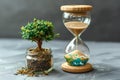 Hourglass with planet earth and tree inside on grey background, concept of time for environmental protection and climate chan Royalty Free Stock Photo