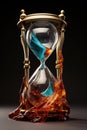 Hourglass with red and blue substance on a black background. Generative AI Royalty Free Stock Photo