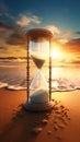 An hourglass resting on a sandy beach, capturing the passage of time