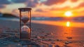 An hourglass rests on the beach, its sands gently falling against a breathtaking sunset backdrop. Ai Generated