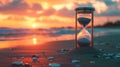 An hourglass rests on the beach, its sands gently falling against a breathtaking sunset backdrop. Ai Generated