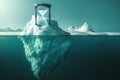 An hourglass rests on an iceberg in the azure waters of the ocean. Global warming, ecology problem concept