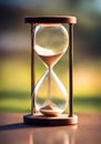 An hourglass or sand clock on a wooden table, blurred background. Running out of time. Royalty Free Stock Photo